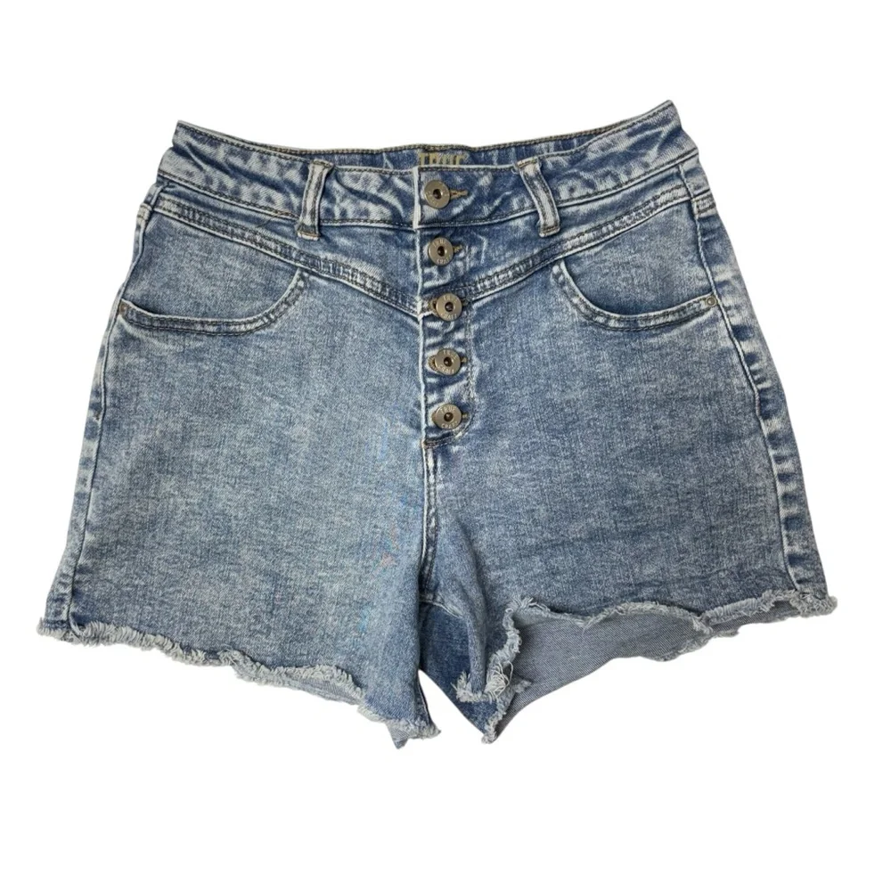 True Craft Button Fly Frayed Hem Denim Jean Acid Wash Americana Juniors Shorts 9